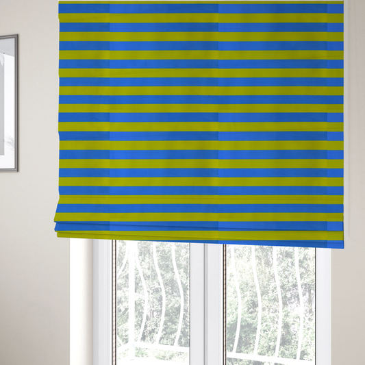 The fabric used to create these Roman blinds is a horizontally striped fabric pattern featuring alternating bands of bright electric blue and yellow-green or lime.