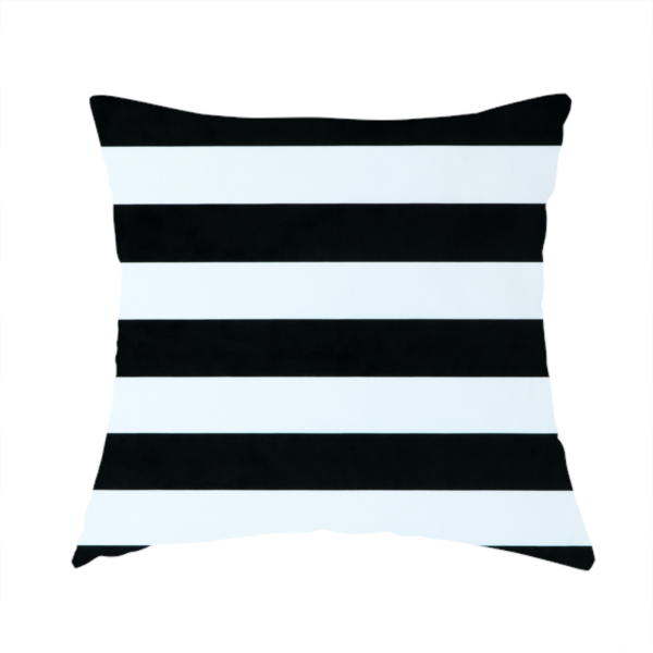 The fabric used to create this handmade cushion is a horizontally striped fabric pattern featuring alternating bands of dark black and white.   