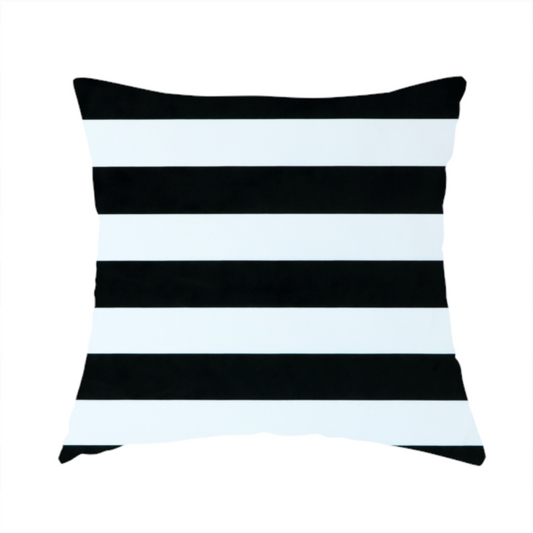 The fabric used to create this handmade cushion is a horizontally striped fabric pattern featuring alternating bands of dark black and white.   