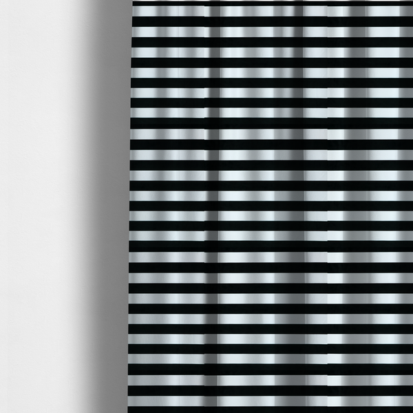 The fabric used to create these made-to-measure curtains is a horizontally striped fabric pattern featuring alternating bands of dark black and white.   