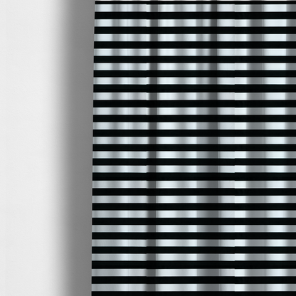 The fabric used to create these made-to-measure curtains is a horizontally striped fabric pattern featuring alternating bands of dark black and white.   