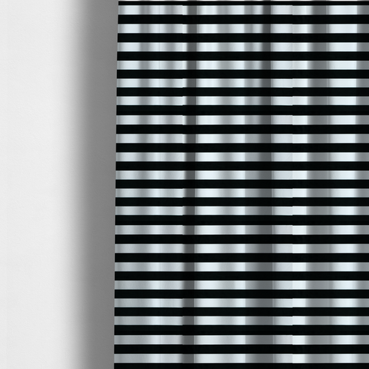 The fabric used to create these made-to-measure curtains is a horizontally striped fabric pattern featuring alternating bands of dark black and white.   