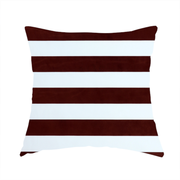 The fabric used to create this handmade cushion is a horizontally striped fabric pattern featuring alternating bands of dark brown and white.