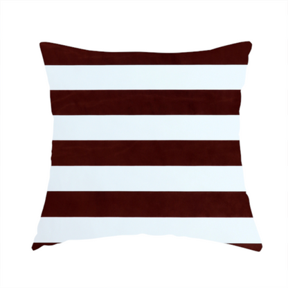 The fabric used to create this handmade cushion is a horizontally striped fabric pattern featuring alternating bands of dark brown and white.