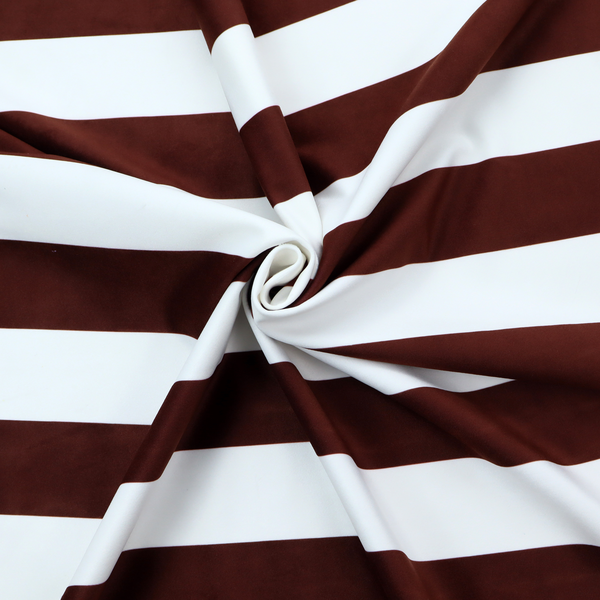 A horizontally striped fabric pattern featuring alternating bands of dark brown and white.