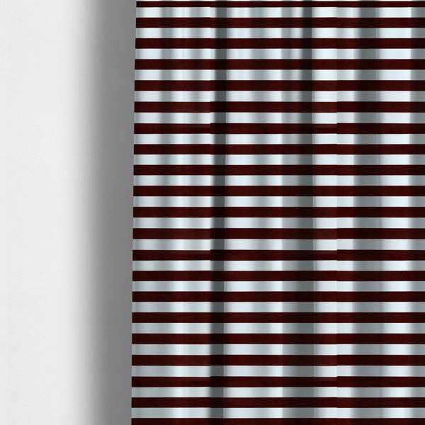 The fabric used to create these made-to-measure curtains is a horizontally striped fabric pattern featuring alternating bands of dark brown and white.