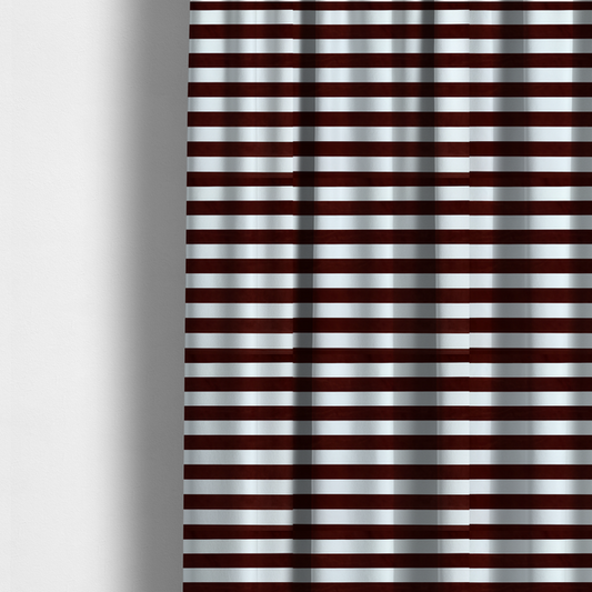 The fabric used to create these made-to-measure curtains is a horizontally striped fabric pattern featuring alternating bands of dark brown and white.