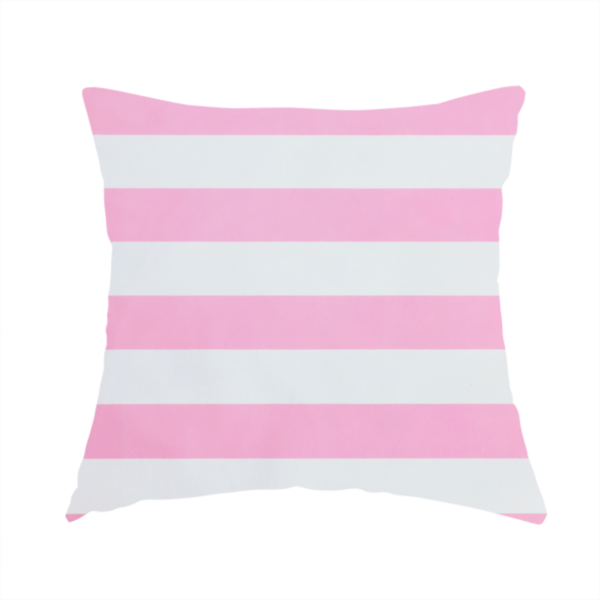 The fabric used to create this handmade cushion is a horizontally striped fabric pattern featuring alternating bands of soft pink and white.