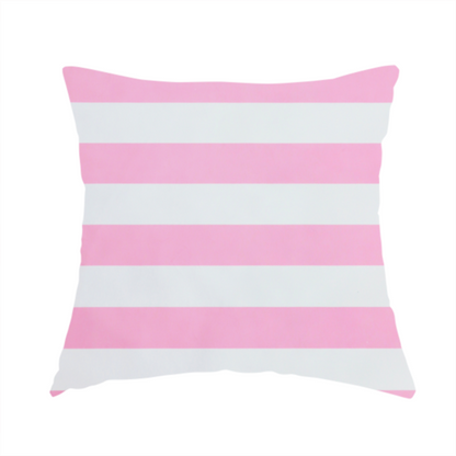 The fabric used to create this handmade cushion is a horizontally striped fabric pattern featuring alternating bands of soft pink and white.