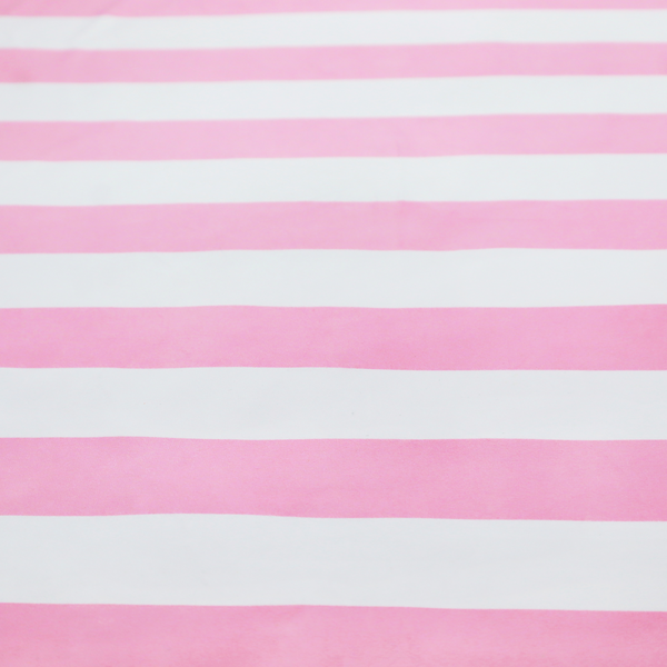 A horizontally striped fabric pattern featuring alternating bands of soft pink and white.