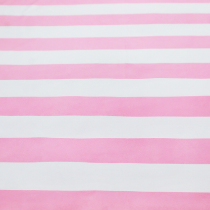 A horizontally striped fabric pattern featuring alternating bands of soft pink and white.