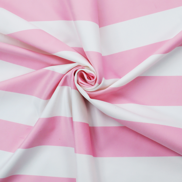 A horizontally striped fabric pattern featuring alternating bands of soft pink and white.