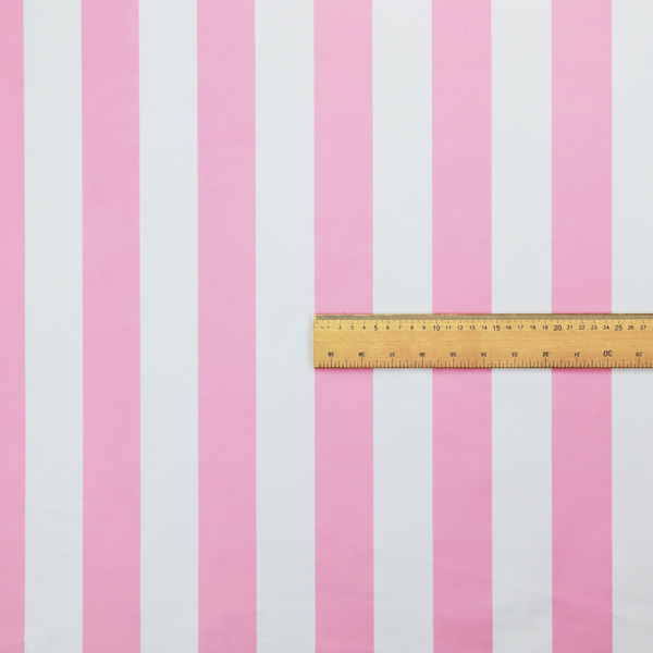 A horizontally striped fabric pattern featuring alternating bands of soft pink and white.
