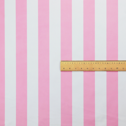 A horizontally striped fabric pattern featuring alternating bands of soft pink and white.