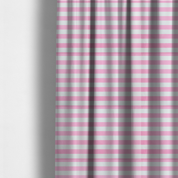 The fabric used to create these made-to-measure curtains is a horizontally striped fabric pattern featuring alternating bands of soft pink and white.