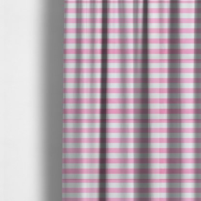 The fabric used to create these made-to-measure curtains is a horizontally striped fabric pattern featuring alternating bands of soft pink and white.