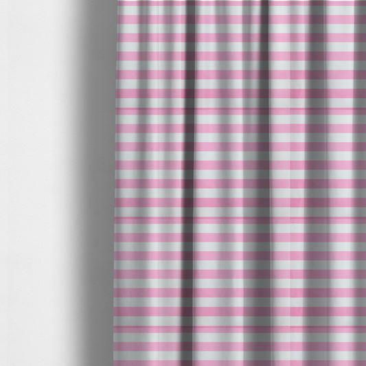 The fabric used to create these made-to-measure curtains is a horizontally striped fabric pattern featuring alternating bands of soft pink and white.