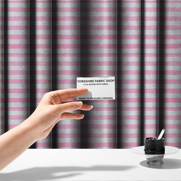 The fabric used to create these made-to-measure curtains is a horizontally striped fabric pattern featuring alternating bands of soft pink and white.