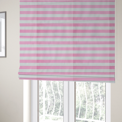 The fabric used to create these Roman blinds is a horizontally striped fabric pattern featuring alternating bands of soft pink and white.