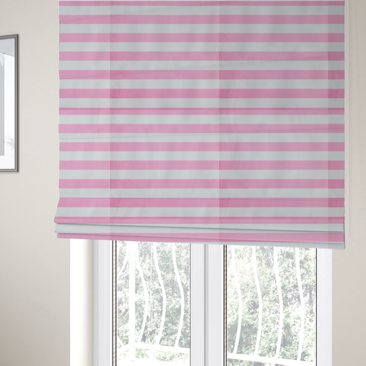 The fabric used to create these Roman blinds is a horizontally striped fabric pattern featuring alternating bands of soft pink and white.