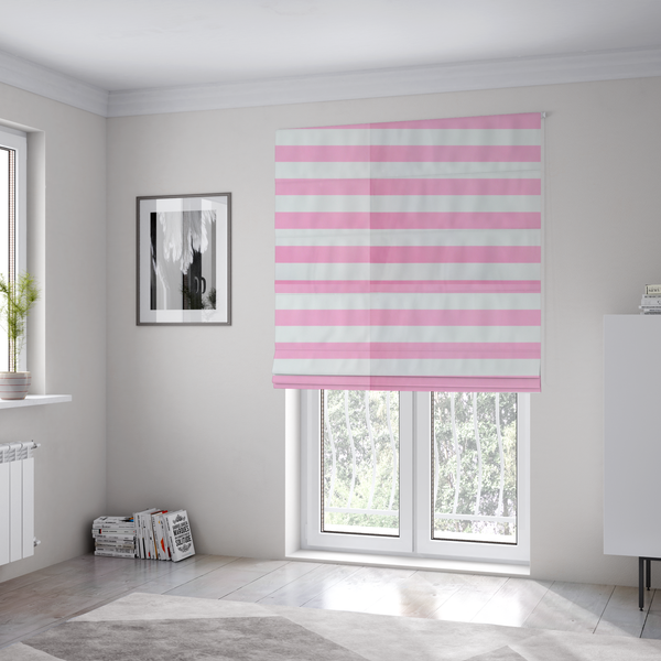 The fabric used to create these Roman blinds is a horizontally striped fabric pattern featuring alternating bands of soft pink and white.