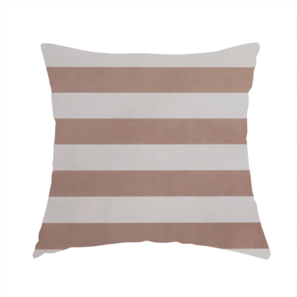 The fabric used to create this handmade cushion is a horizontally striped fabric pattern featuring alternating bands of warm taupe or soft brown and white.