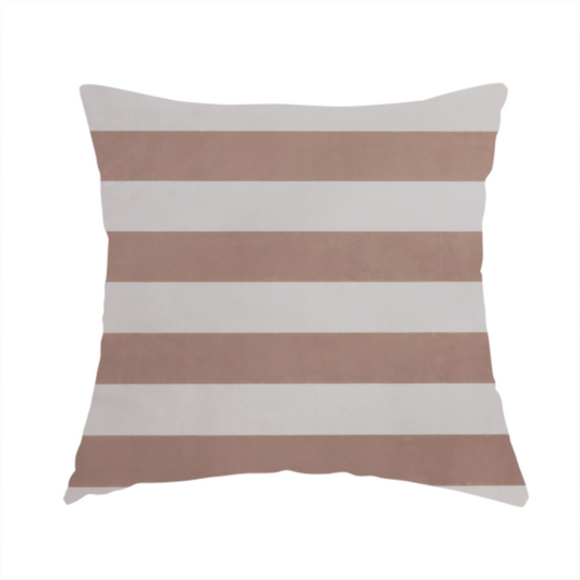 The fabric used to create this handmade cushion is a horizontally striped fabric pattern featuring alternating bands of warm taupe or soft brown and white.