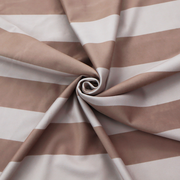 A horizontally striped fabric pattern featuring alternating bands of warm taupe or soft brown and white.