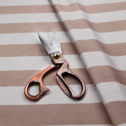 A horizontally striped fabric pattern featuring alternating bands of warm taupe or soft brown and white.