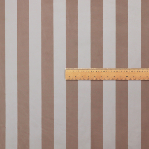 A horizontally striped fabric pattern featuring alternating bands of warm taupe or soft brown and white.