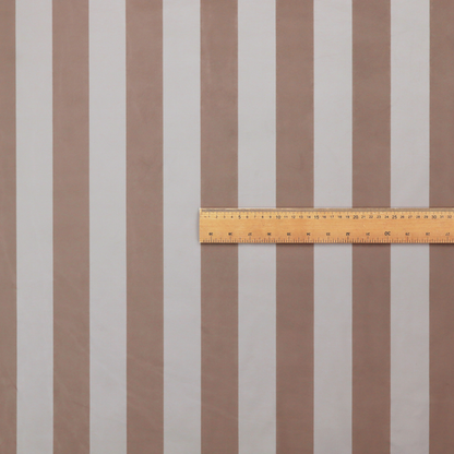 A horizontally striped fabric pattern featuring alternating bands of warm taupe or soft brown and white.
