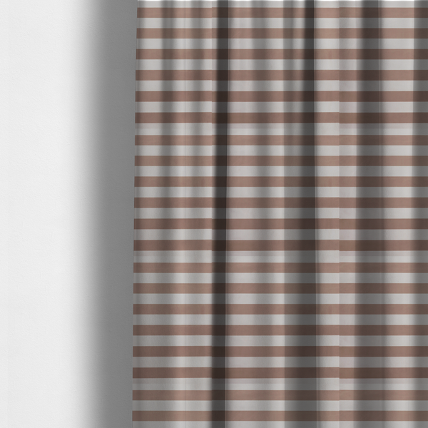 the fabric used to create these made-to-measure curtains is a horizontally striped fabric pattern featuring alternating bands of warm taupe or soft brown and white.