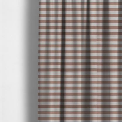 the fabric used to create these made-to-measure curtains is a horizontally striped fabric pattern featuring alternating bands of warm taupe or soft brown and white.