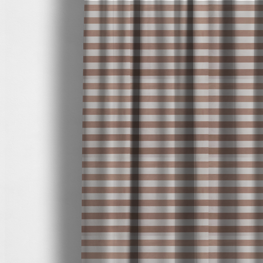 the fabric used to create these made-to-measure curtains is a horizontally striped fabric pattern featuring alternating bands of warm taupe or soft brown and white.
