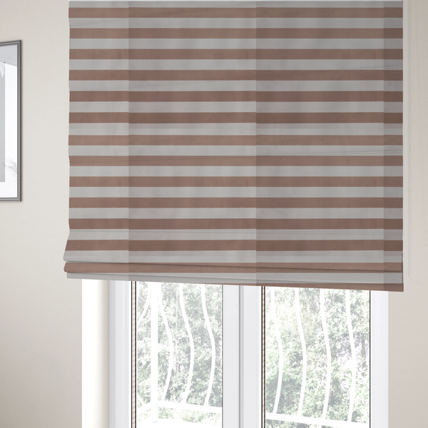 The fabric used to create these Roman blinds is a horizontally striped fabric pattern featuring alternating bands of warm taupe or soft brown and white.