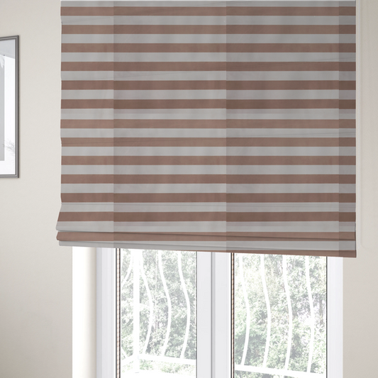 The fabric used to create these Roman blinds is a horizontally striped fabric pattern featuring alternating bands of warm taupe or soft brown and white.