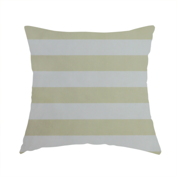The fabric used to create this handmade cushion is a horizontally striped fabric pattern featuring alternating bands of soft sage green or cream-beige and white.