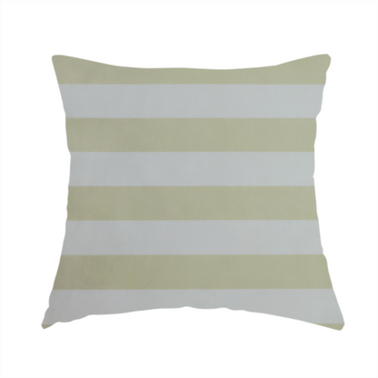 The fabric used to create this handmade cushion is a horizontally striped fabric pattern featuring alternating bands of soft sage green or cream-beige and white.