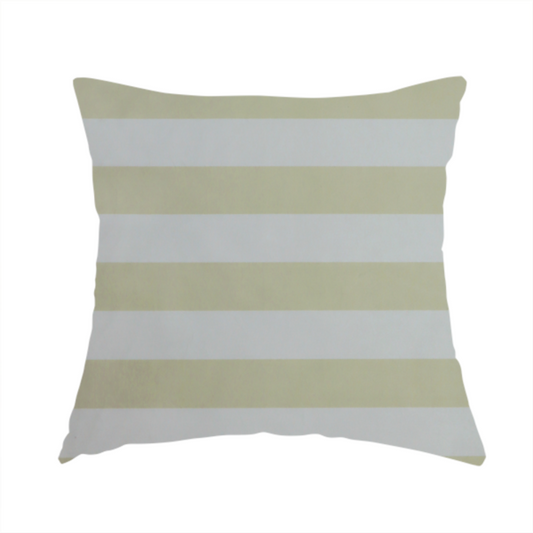 The fabric used to create this handmade cushion is a horizontally striped fabric pattern featuring alternating bands of soft sage green or cream-beige and white.