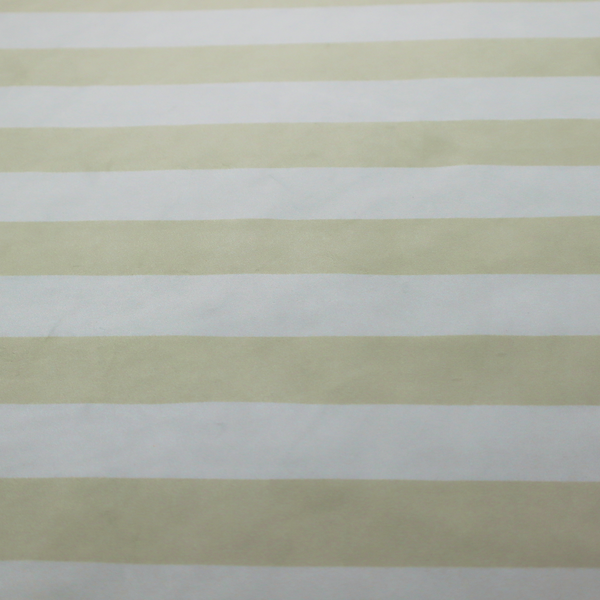 A horizontally striped fabric pattern featuring alternating bands of soft sage green or cream-beige and white.