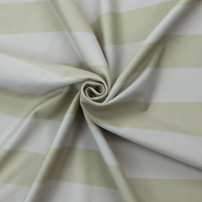 A horizontally striped fabric pattern featuring alternating bands of soft sage green or cream-beige and white.