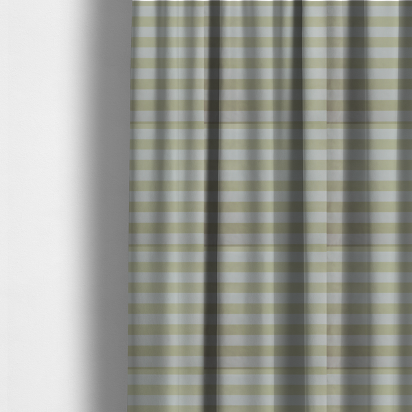 The fabric used to create these made-to-measure curtains is a horizontally striped fabric pattern featuring alternating bands of soft sage green or cream-beige and white.