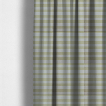 The fabric used to create these made-to-measure curtains is a horizontally striped fabric pattern featuring alternating bands of soft sage green or cream-beige and white.