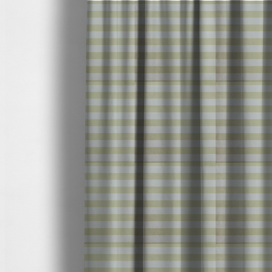 The fabric used to create these made-to-measure curtains is a horizontally striped fabric pattern featuring alternating bands of soft sage green or cream-beige and white.