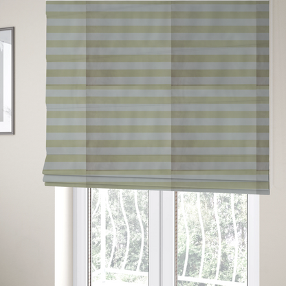 The fabric used to create these Roman blinds is a horizontally striped fabric pattern featuring alternating bands of soft sage green or cream-beige and white.