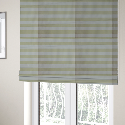 The fabric used to create these Roman blinds is a horizontally striped fabric pattern featuring alternating bands of soft sage green or cream-beige and white.