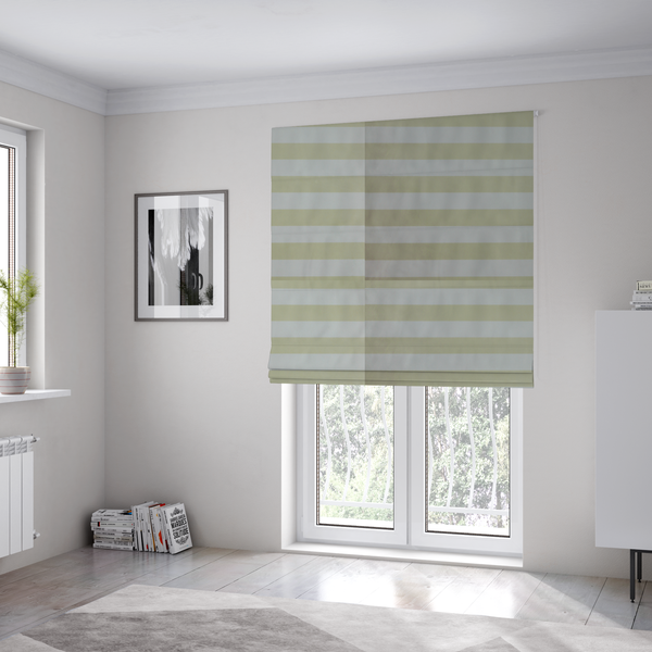 The fabric used to create these Roman blinds is a horizontally striped fabric pattern featuring alternating bands of soft sage green or cream-beige and white.