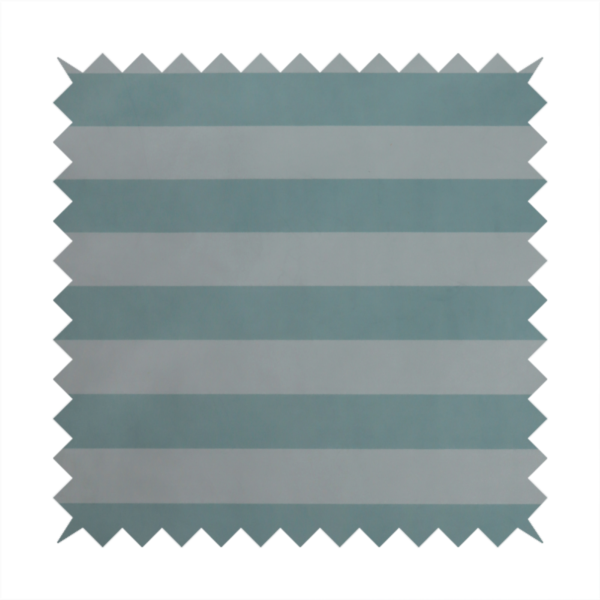 A horizontally striped fabric pattern featuring alternating bands of soft duck egg blue and white.