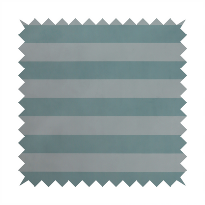 A horizontally striped fabric pattern featuring alternating bands of soft duck egg blue and white.