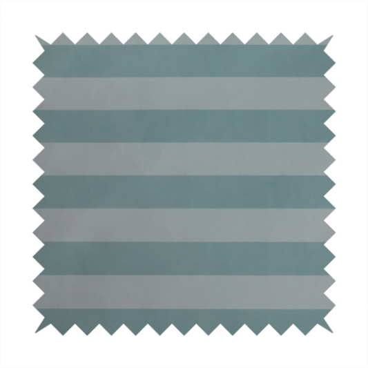 A horizontally striped fabric pattern featuring alternating bands of soft duck egg blue and white.